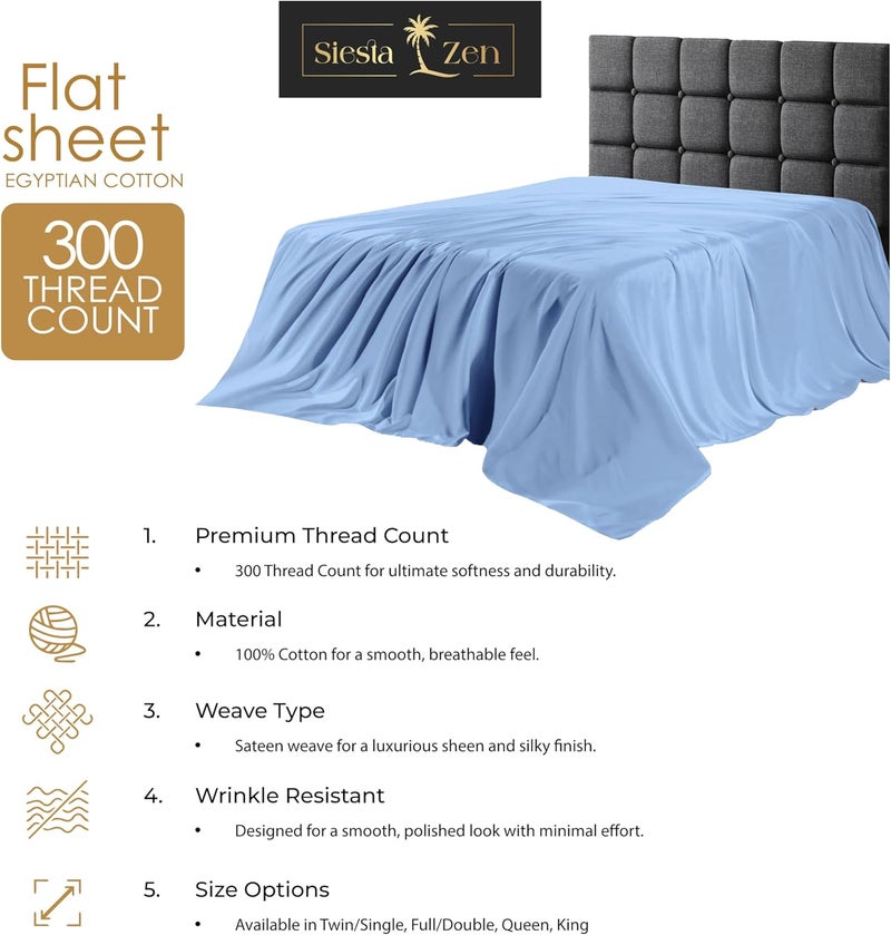 Siesta Zen شيت سرير مسطح من قطن مصري 100% - أزرق، حجم كوين، 300 خيط - Image 3
